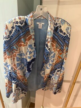 Bar III Blue, White & Brown Printed Open-Front Blazer